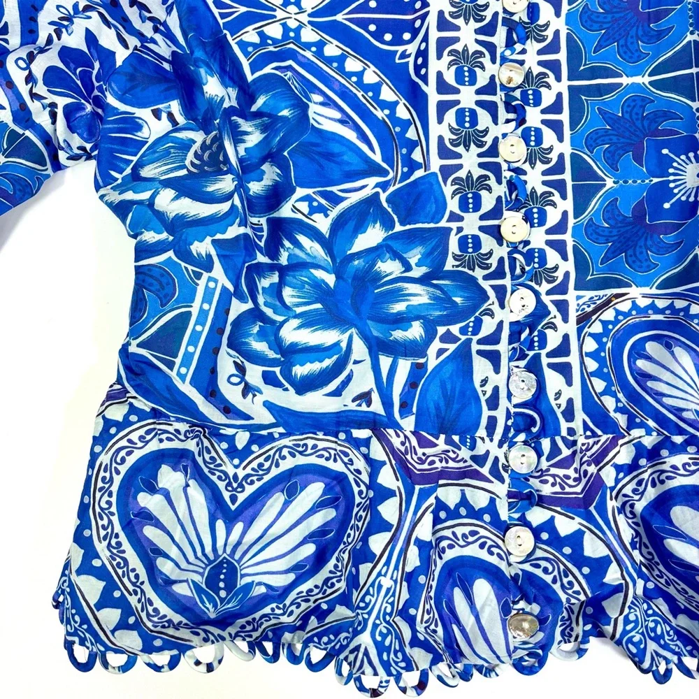 FARM Rio Tile Dream Cotton Puff Sleeve Peplum Top Blouse Blue White Large NWT